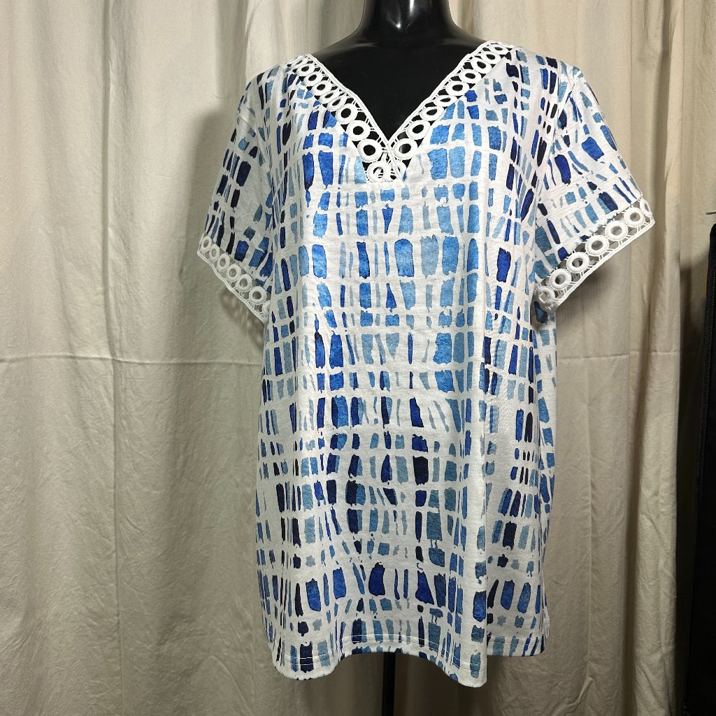 Exclusive Heart Brand Dress BlueWhite Abstract Squares Ringlet Neckline Arm Nwt